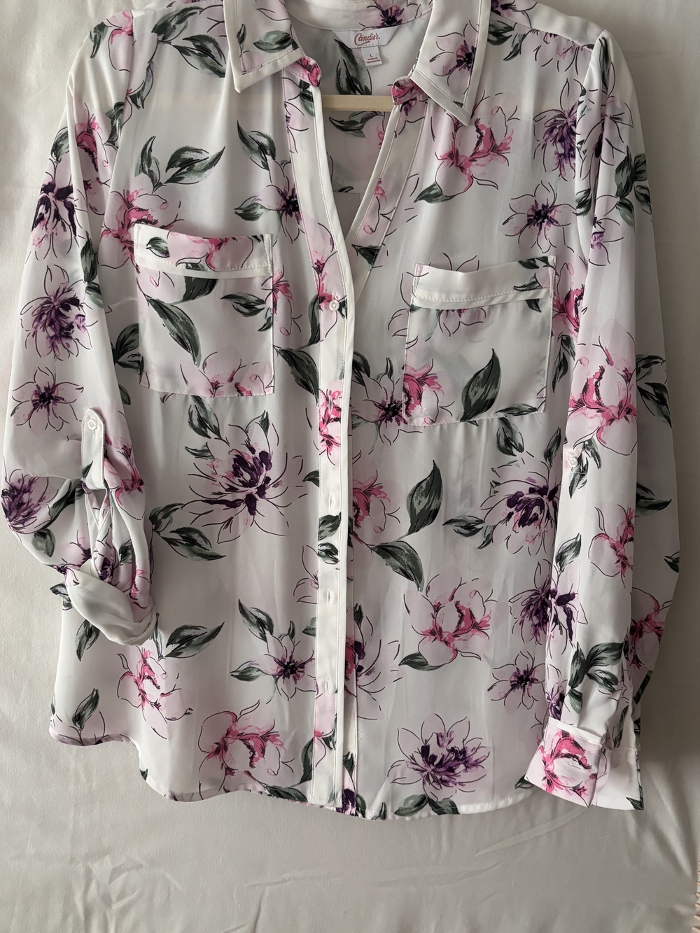 Candie's Floral Button Down Shirt White & Pink Large Like New